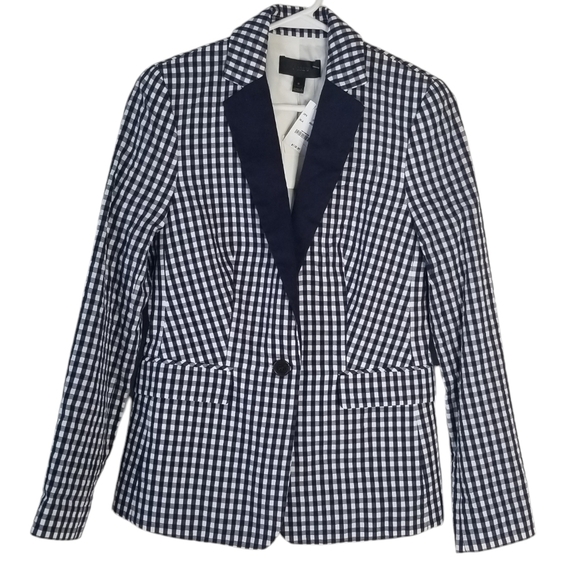 NWT J.Crew Puckered Gingham Navy White Blazer Size 0 Academia Preppy - Picture 2 of 16